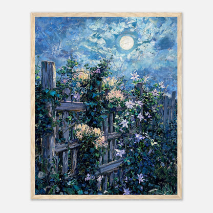 Moonlit Garden Fence Flowers Impressionist Art Print