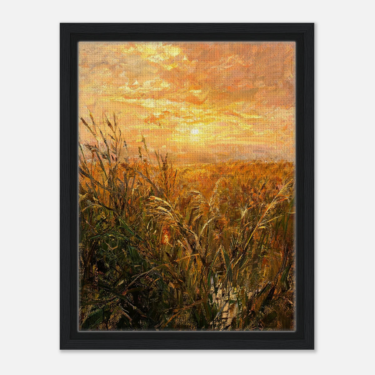 Golden Grass Field at Sunset Impressionist Art Print