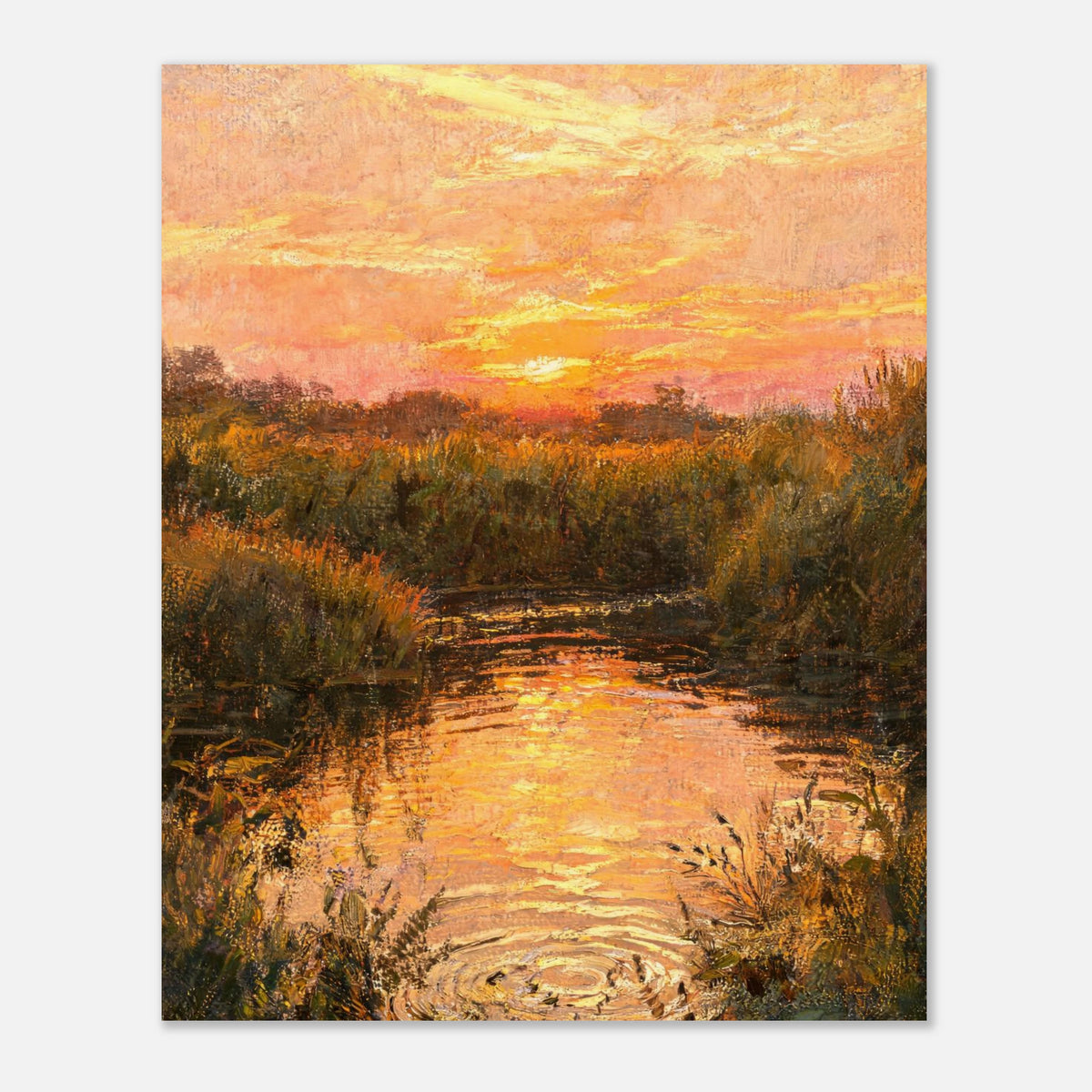 Golden Sunset over River Reflection Impressionist Art Print