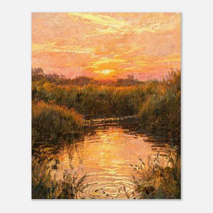 Golden Sunset over River Reflection Impressionist Art Print