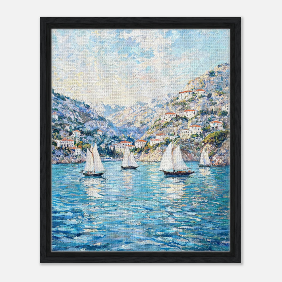 Framed Mediterranean Sailboats in Coastal Bay Canvas Wall Art