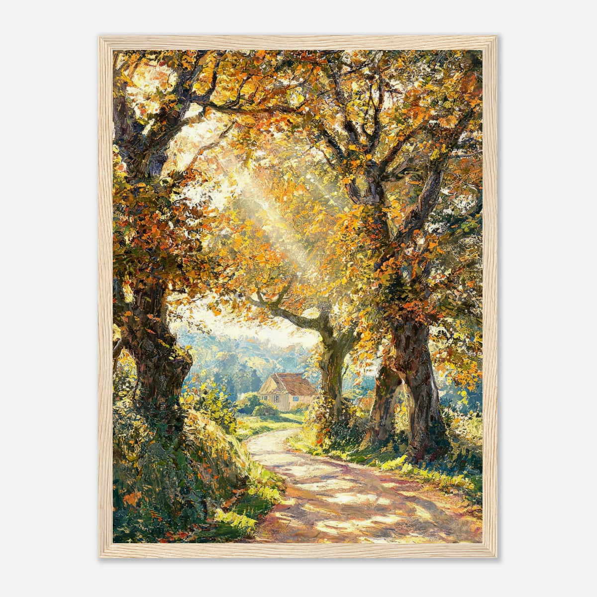Sunlit Autumn Forest Path Impressionist Art Print