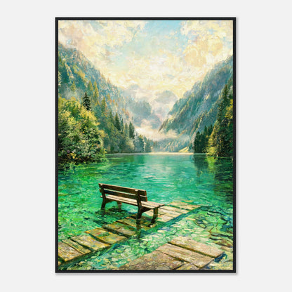 Mountain Lake Pier and Wooden Bench Impressionist Art Print