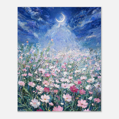 Moonlit Wild Cosmos Field Impressionist Art Print