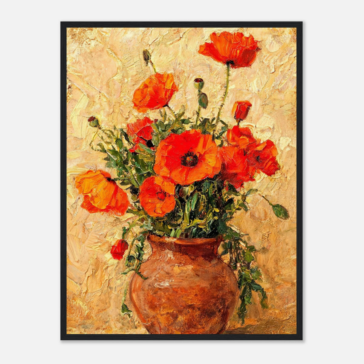 Vibrant Red Poppies in Terracotta Vase Impressionist Art Print