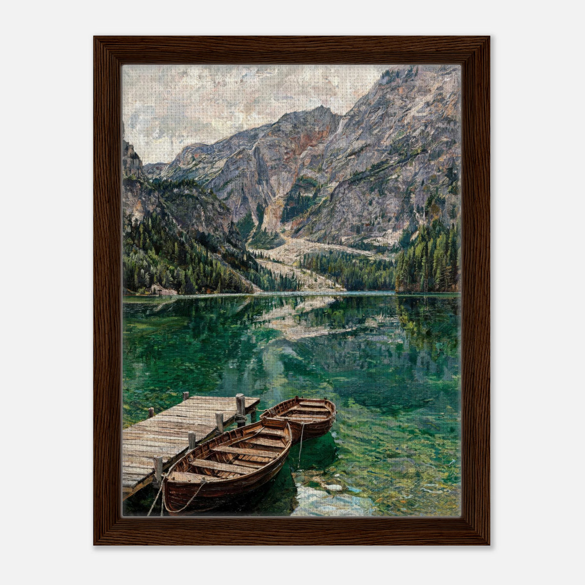 Wooden Boats on Alpine Lake Impressionist Art Print