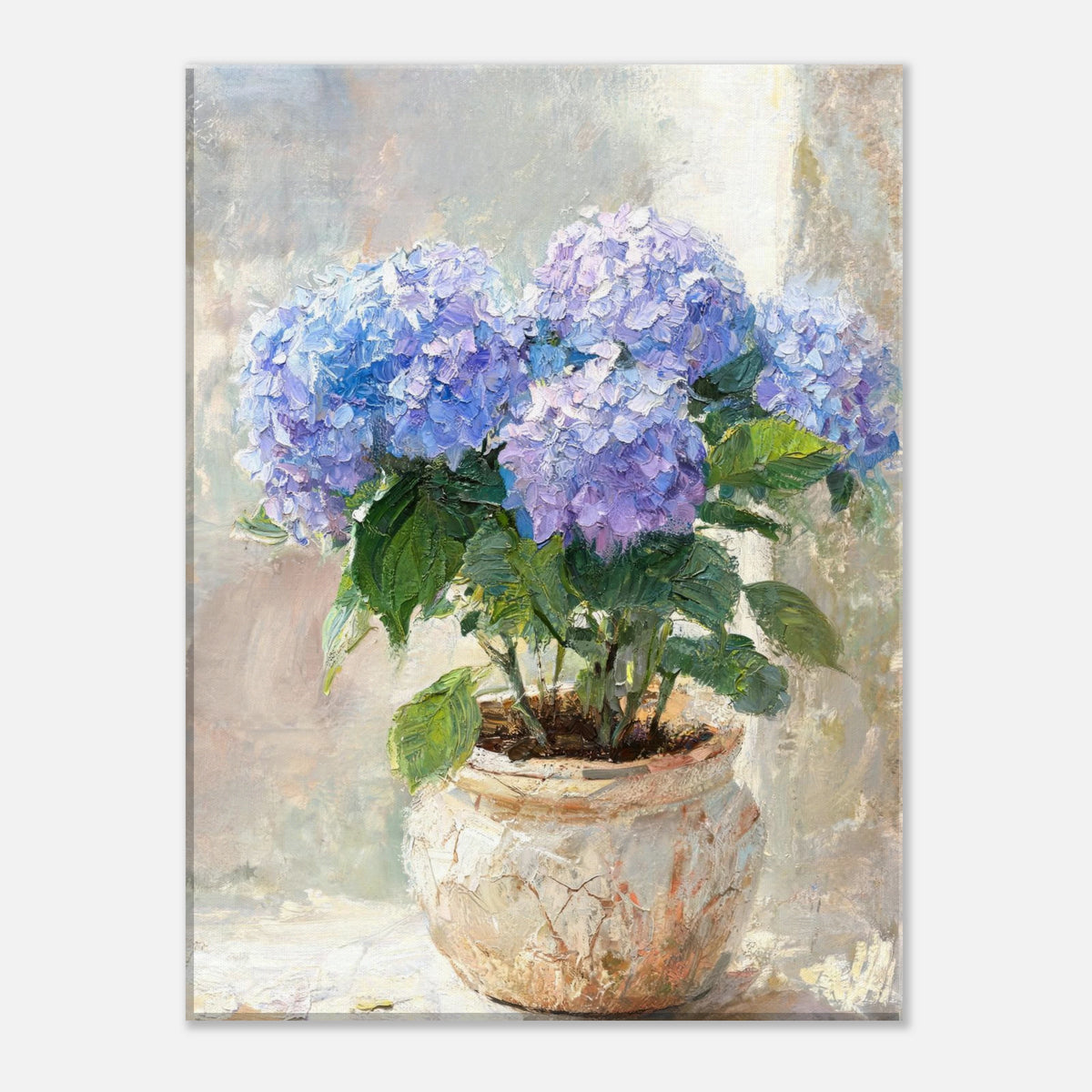 Blue Hydrangeas in Rustic Pot Impressionist Art Print