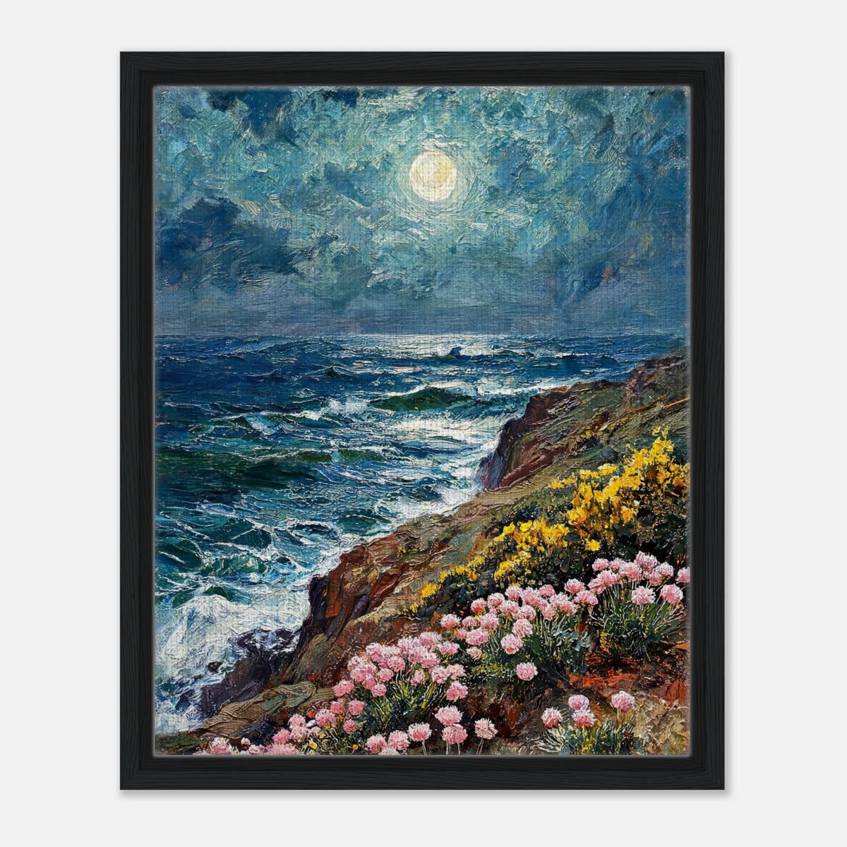 Moonlit Coastal Cliff Flowers Impressionist Art Print