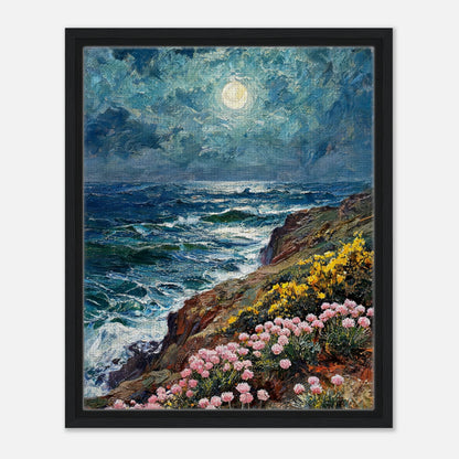 Moonlit Coastal Cliff Flowers Impressionist Art Print