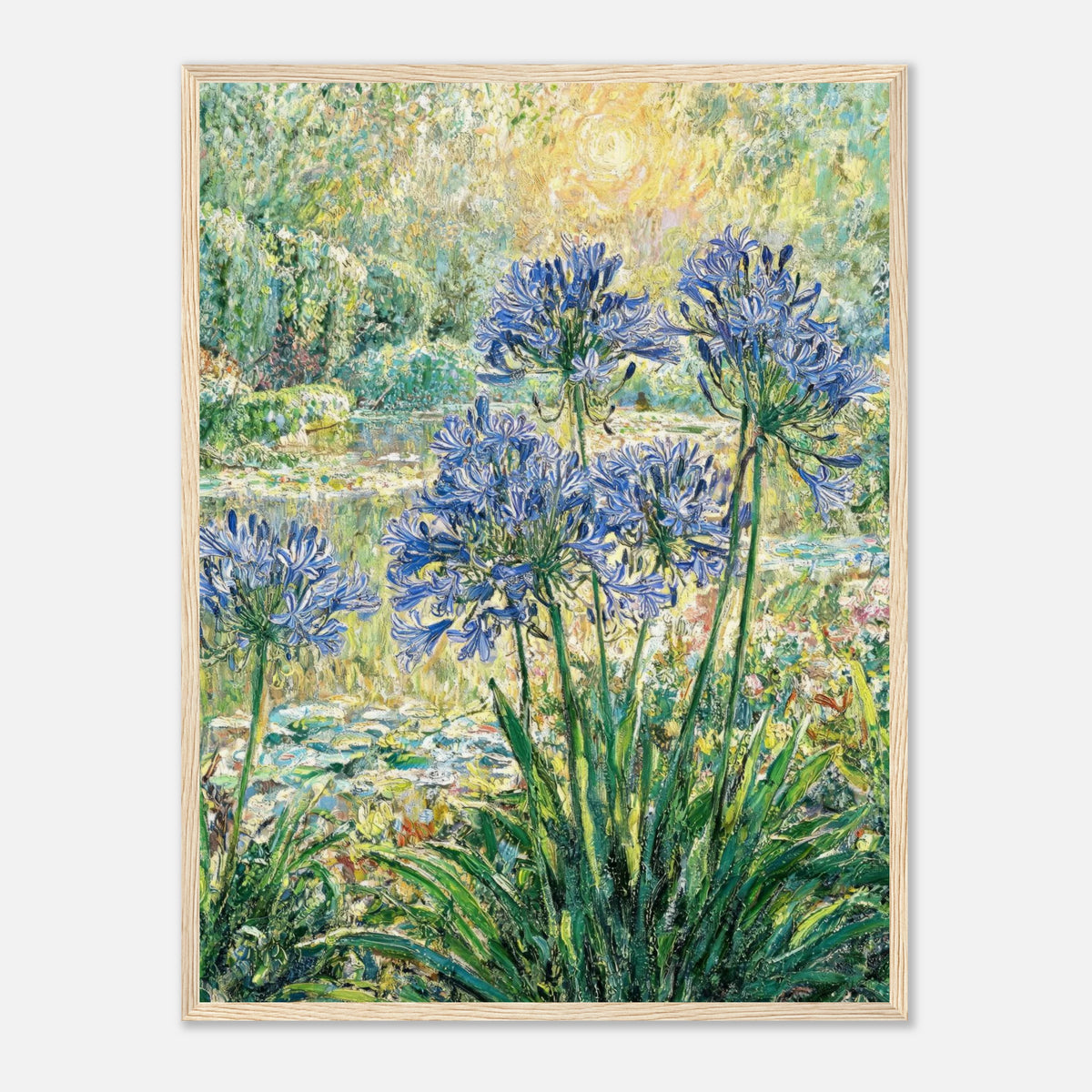 Blue Agapanthus & Sunlit Garden Impressionist Art Print