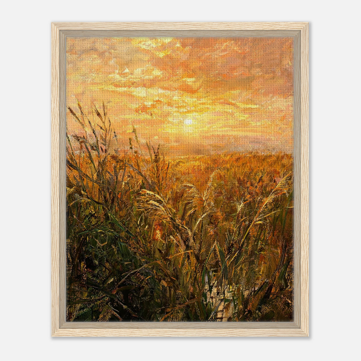 Golden Grass Field at Sunset Impressionist Art Print