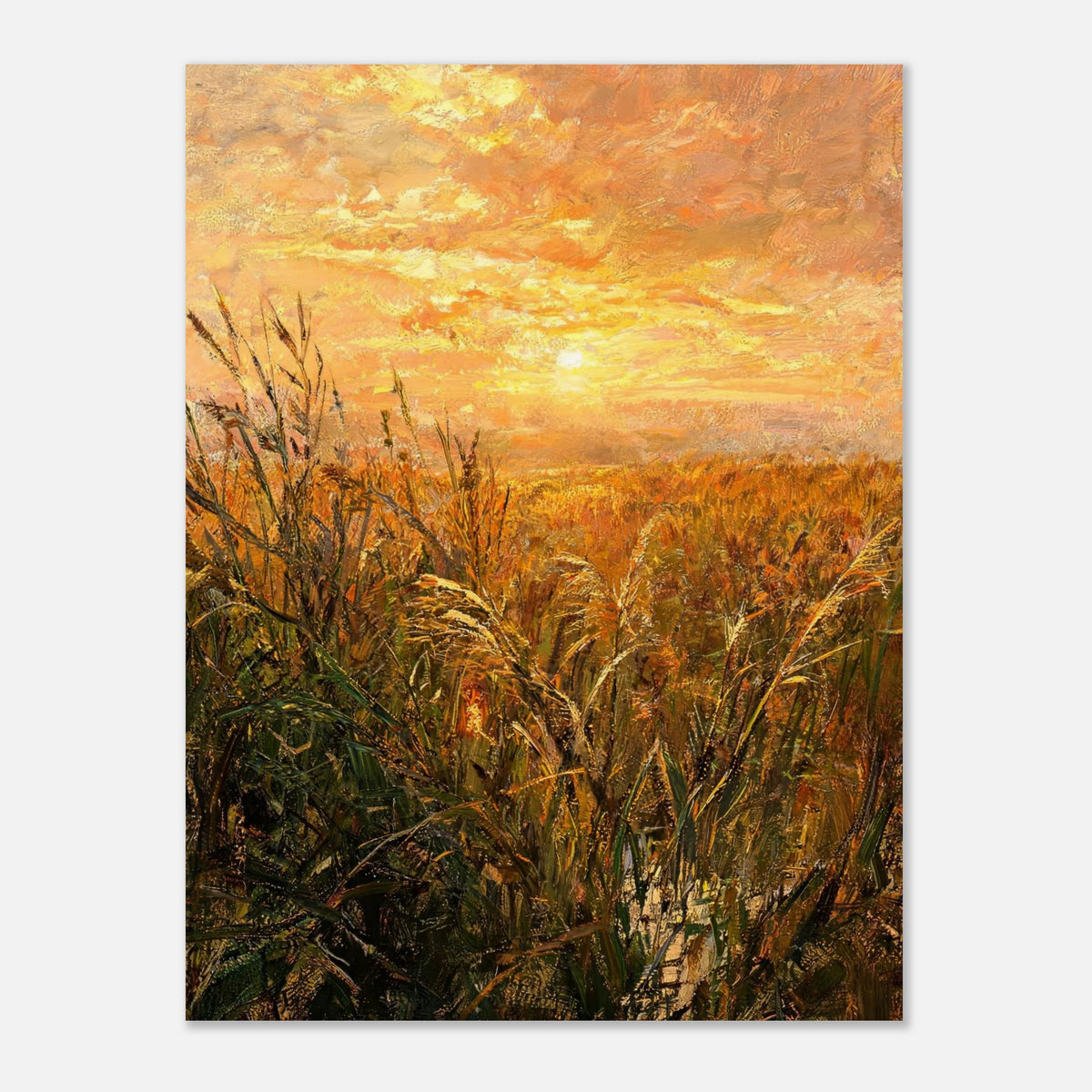 Golden Grass Field at Sunset Impressionist Art Print