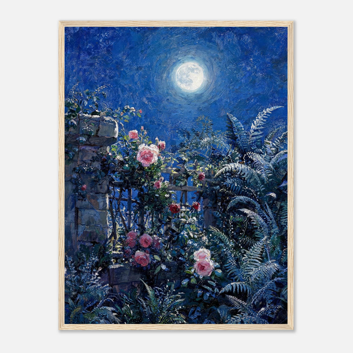 Moonlit Rose Garden and Stone Wall Impressionist Art Print