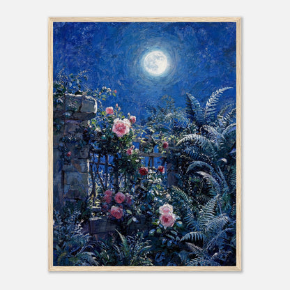 Moonlit Rose Garden and Stone Wall Impressionist Art Print