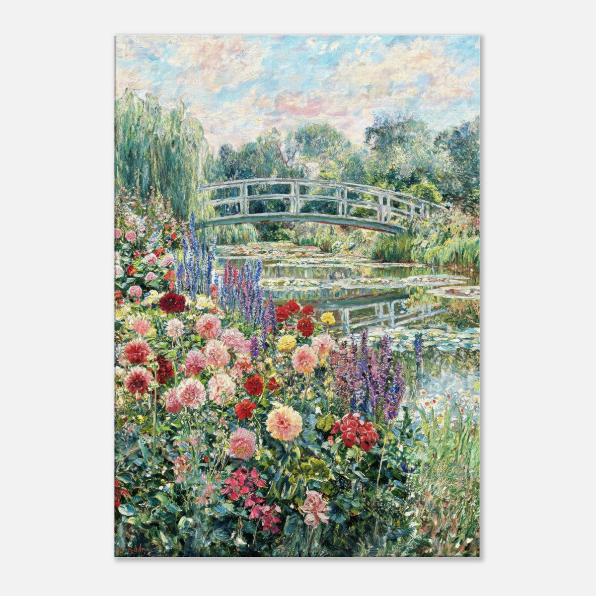 Blooming Summer Garden & Japanese Bridge Impressionist Art Print