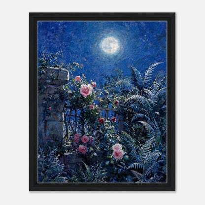 Moonlit Rose Garden and Stone Wall Impressionist Art Print