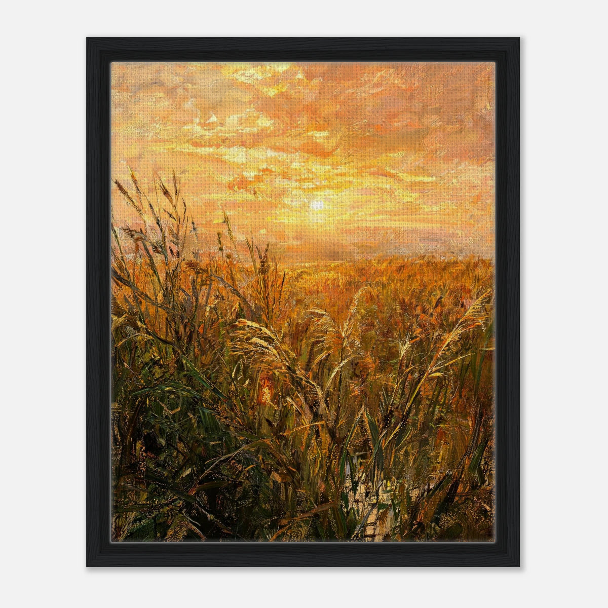 Golden Grass Field at Sunset Impressionist Art Print
