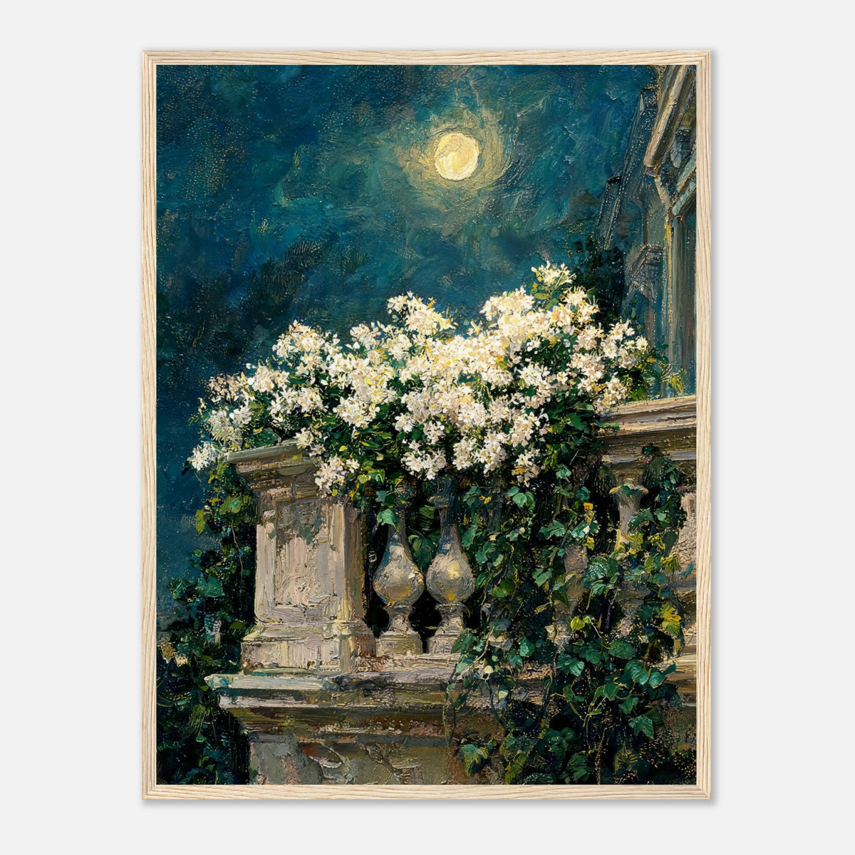Moonlit White Blossoms Balcony Impressionist Art Print