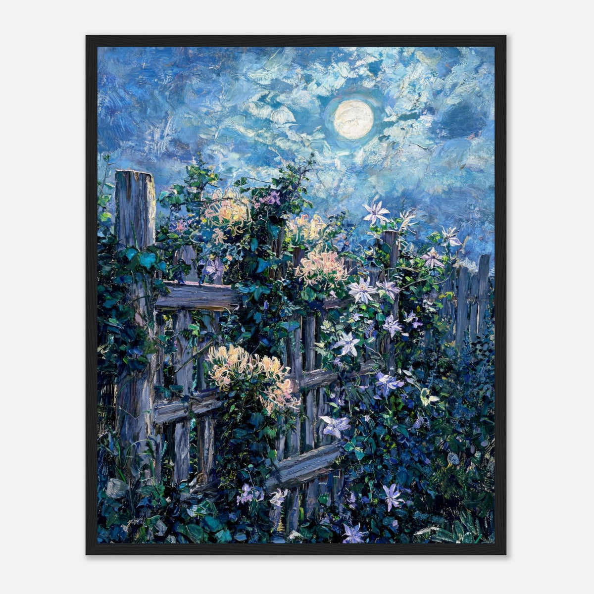 Moonlit Garden Fence Flowers Impressionist Art Print