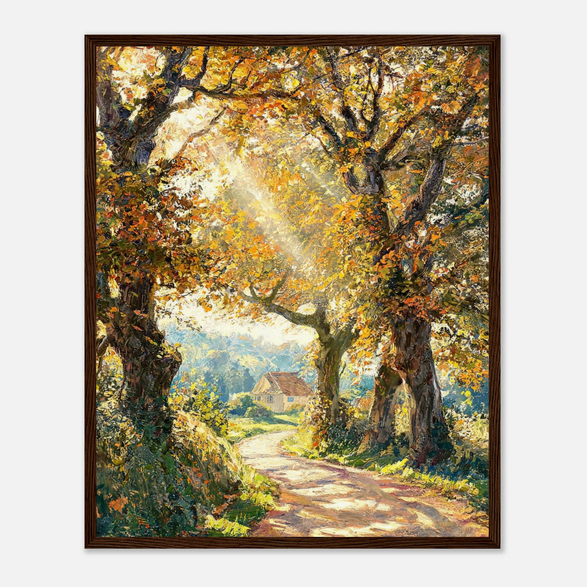 Sunlit Autumn Forest Path Impressionist Art Print