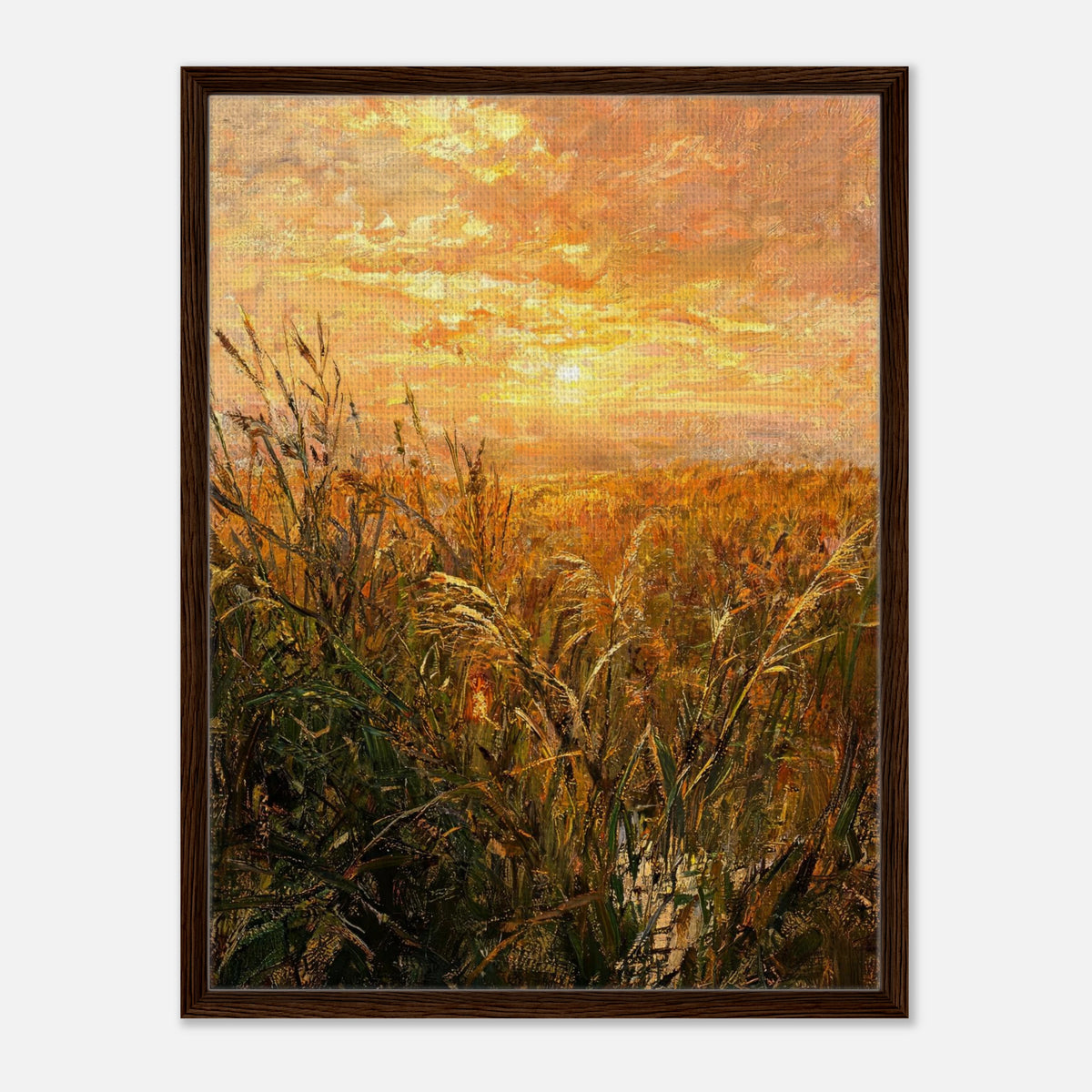 Golden Grass Field at Sunset Impressionist Art Print