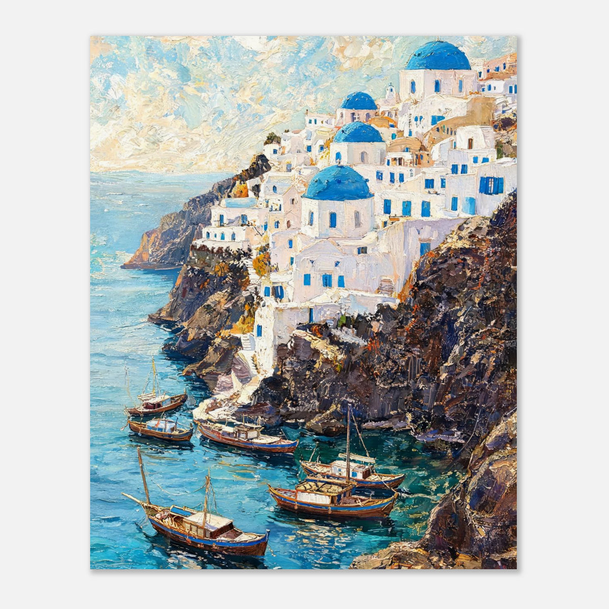 Santorini Cliffside Village & Boats Impressionist Art Print