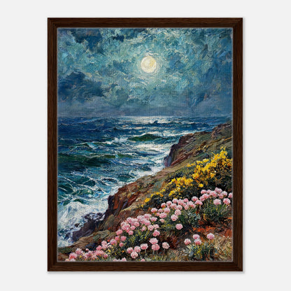 Moonlit Coastal Cliff Flowers Impressionist Art Print