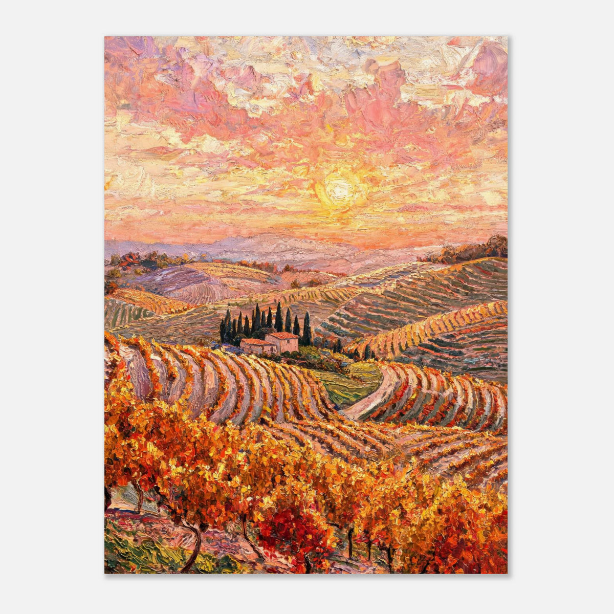 Tuscan Hills Autumn Sunset Vineyard Impressionist Art Print