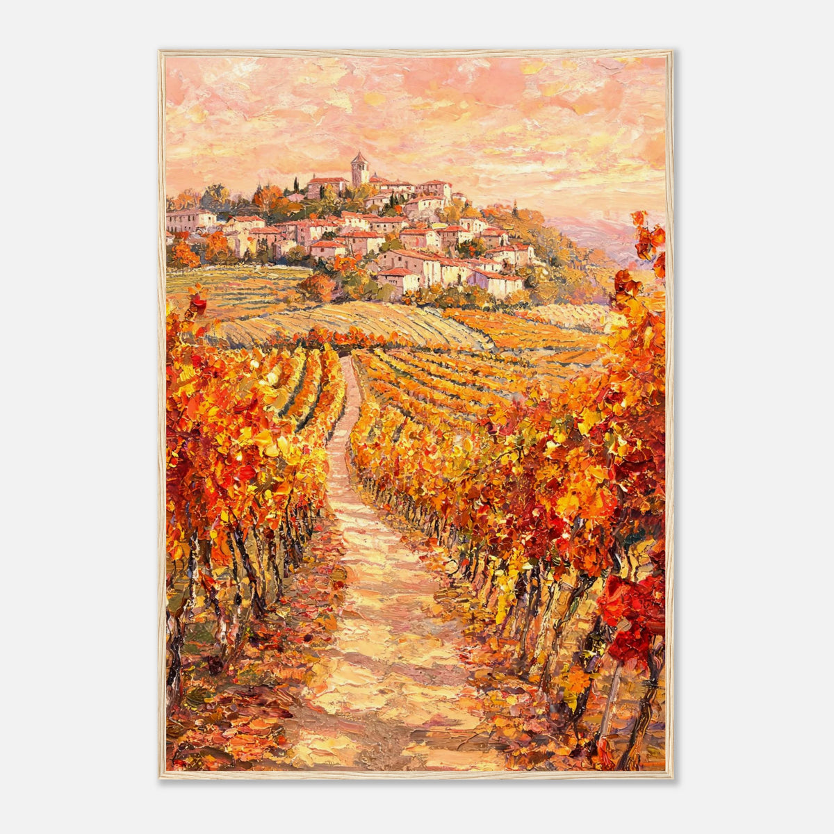 Autumn Vineyard Path Hilltop Village Impressionist Art Print
