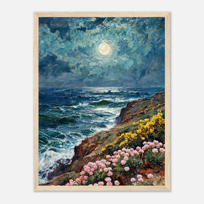 Moonlit Coastal Cliff Flowers Impressionist Art Print