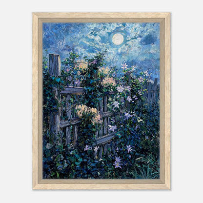 Moonlit Garden Fence Flowers Impressionist Art Print