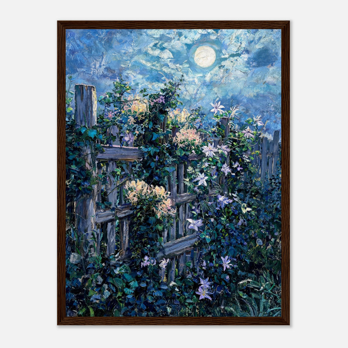 Moonlit Garden Fence Flowers Impressionist Art Print