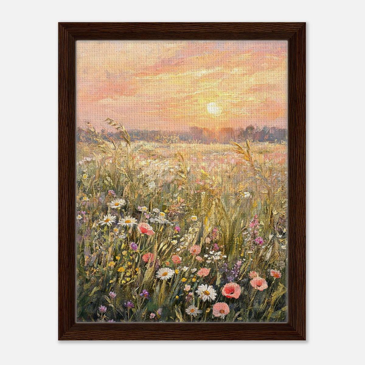 Golden Sunset Meadow & Wildflowers Impressionist Art Print