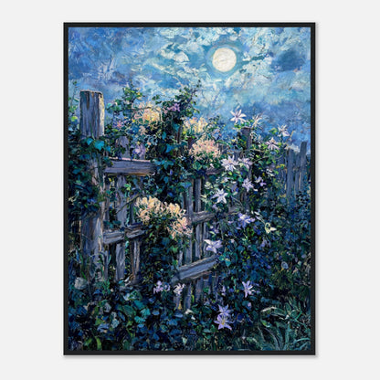 Moonlit Garden Fence Flowers Impressionist Art Print
