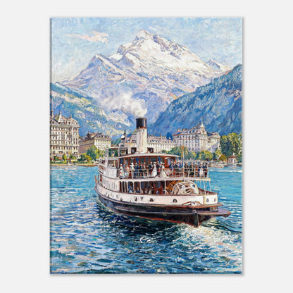 Vintage Steamboat on Alpine Lake Impressionist Art Print