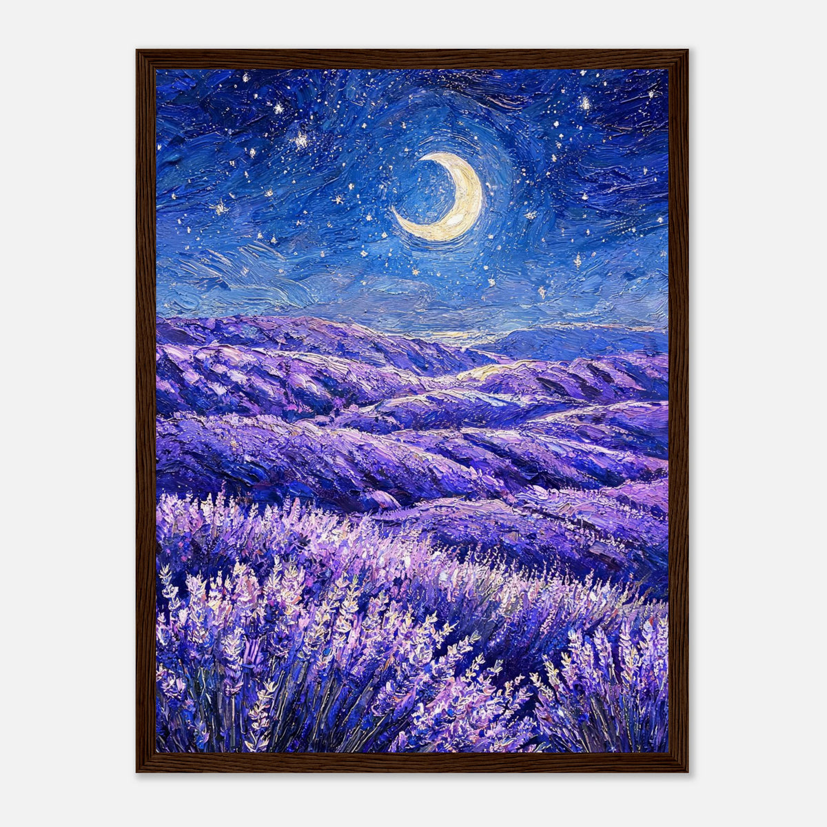 Moonlit Lavender Field at Night Impressionist Art Print