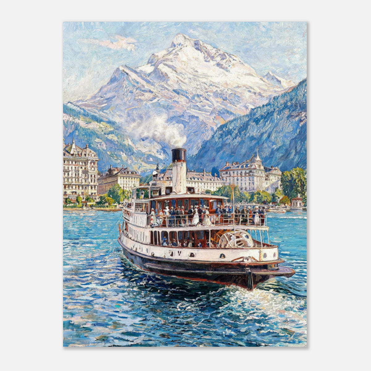 Vintage Steamboat on Alpine Lake Impressionist Art Print