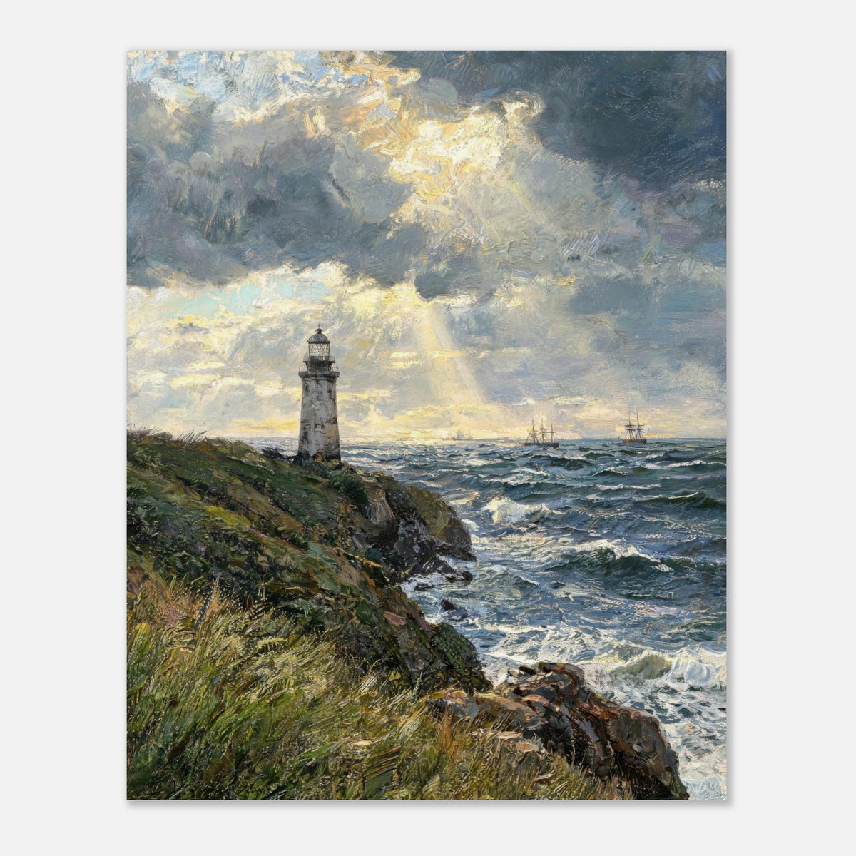 Coastal Lighthouse at Stormy Sunset Impressionist Art Print