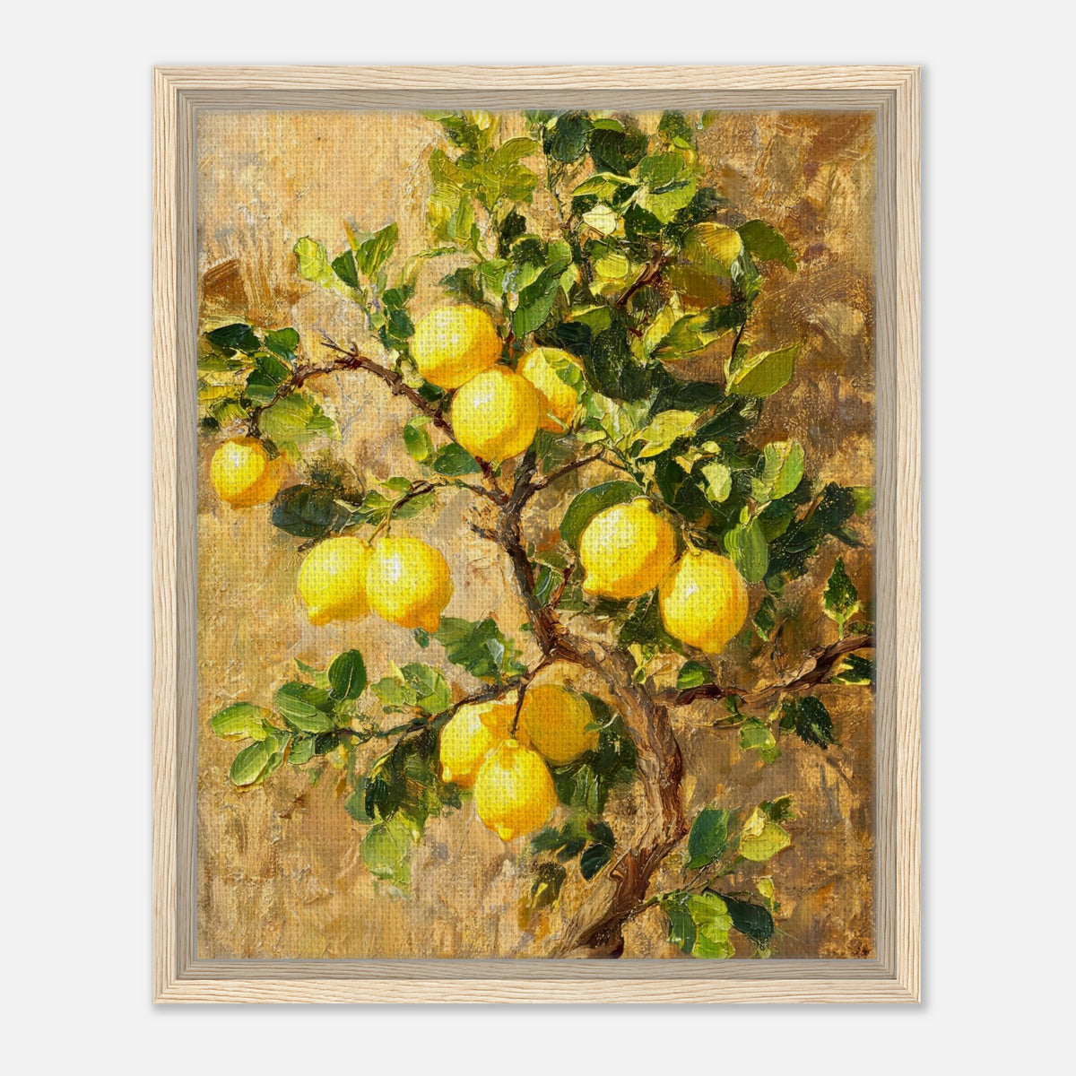 Framed canvas print of an Impressionist lemon tree branch painting mounted in a sleek frame for a polished gallery presentation. Nature wood frame.