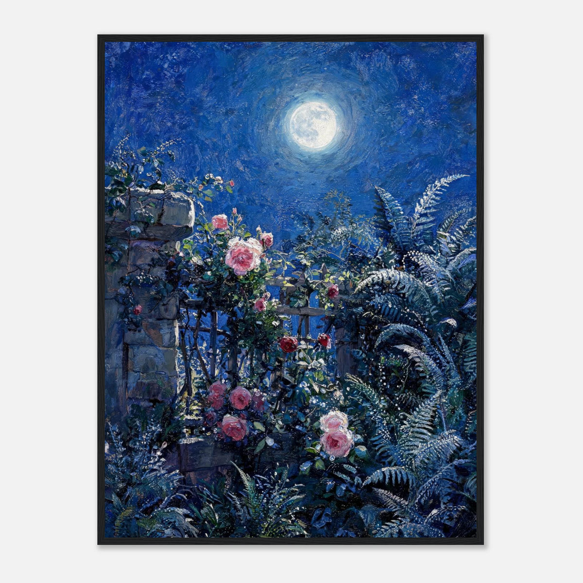 Moonlit Rose Garden and Stone Wall Impressionist Art Print