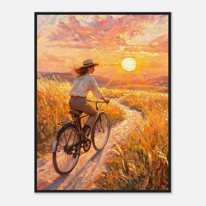 Cycling Through Golden Fields at Sunset Impressionist Art Print