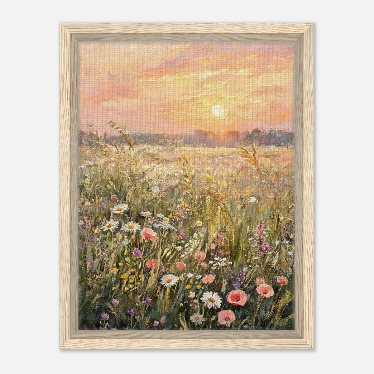 Golden Sunset Meadow & Wildflowers Impressionist Art Print