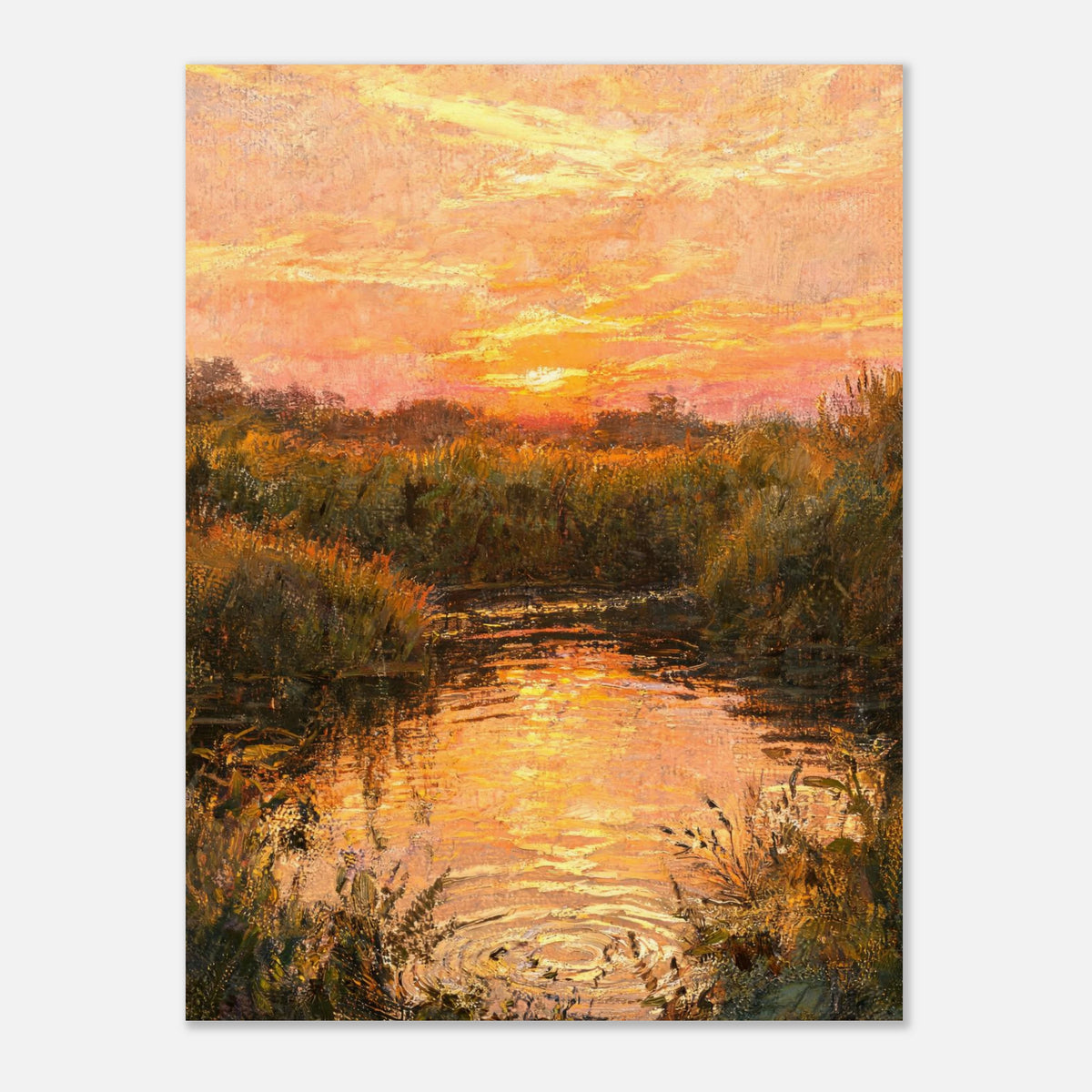 Golden Sunset over River Reflection Impressionist Art Print