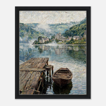 Misty Mountain Lake Wooden Boat Impressionist Art Print