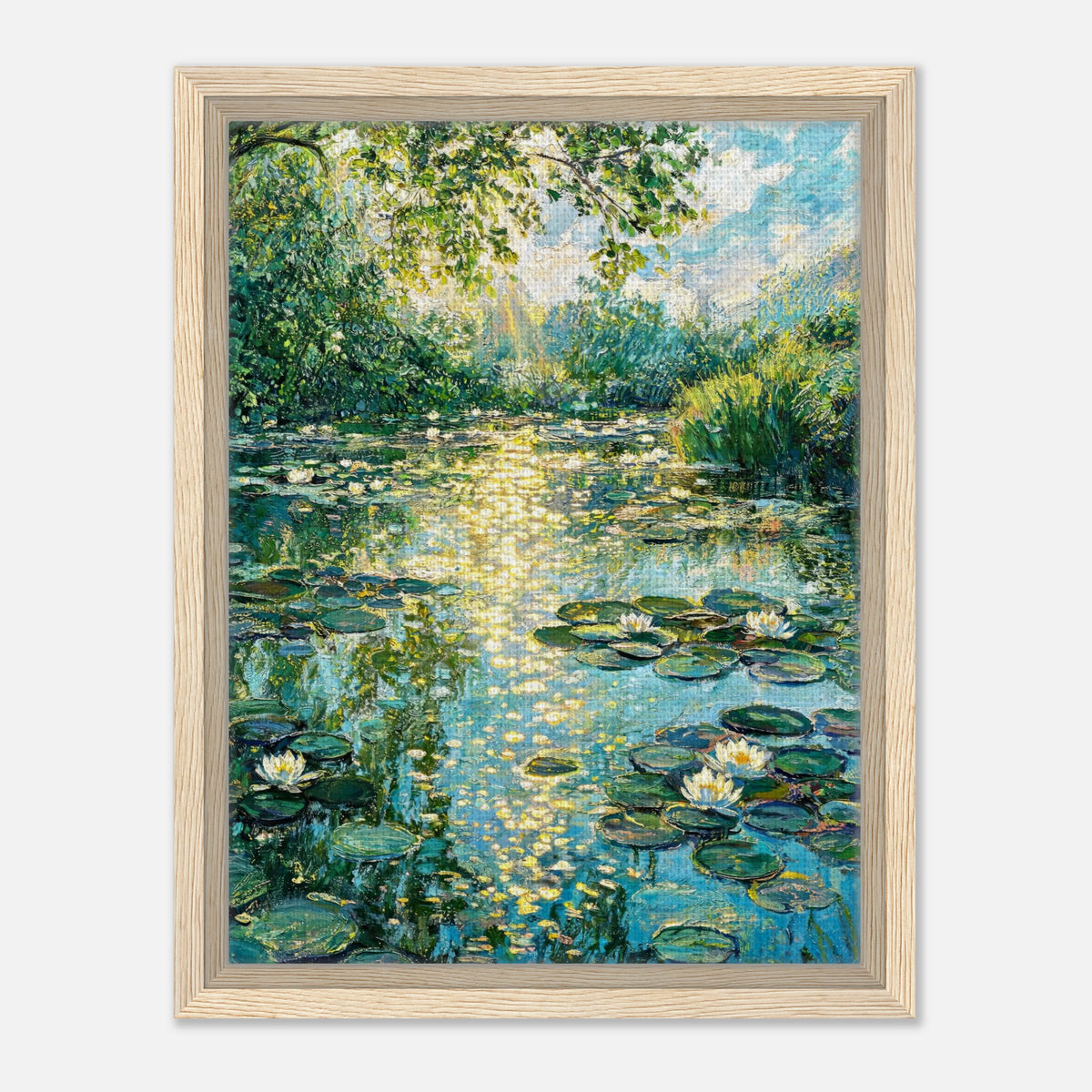 Sunlit Water Lilies & Shimmering Pond Impressionist Art Print