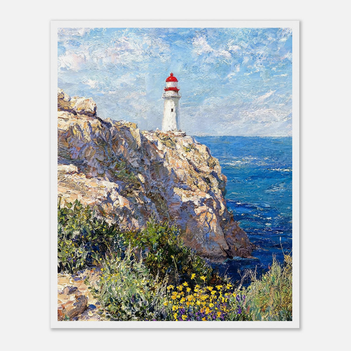 Framed Mediterranean Coastal Lighthouse & Cliff Art Print