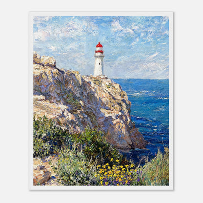 Framed Mediterranean Coastal Lighthouse & Cliff Art Print