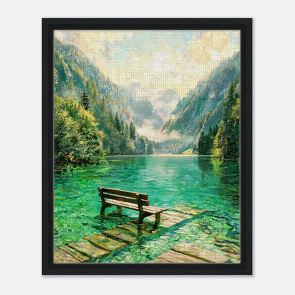 Mountain Lake Pier and Wooden Bench Impressionist Art Print