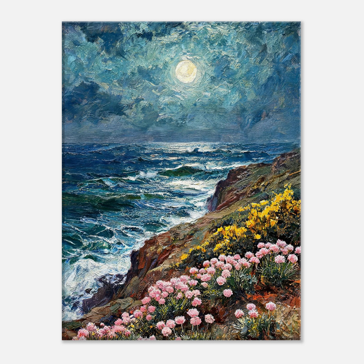 Moonlit Coastal Cliff Flowers Impressionist Art Print