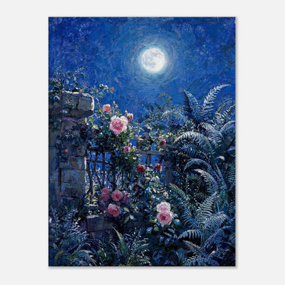 Moonlit Rose Garden and Stone Wall Impressionist Art Print
